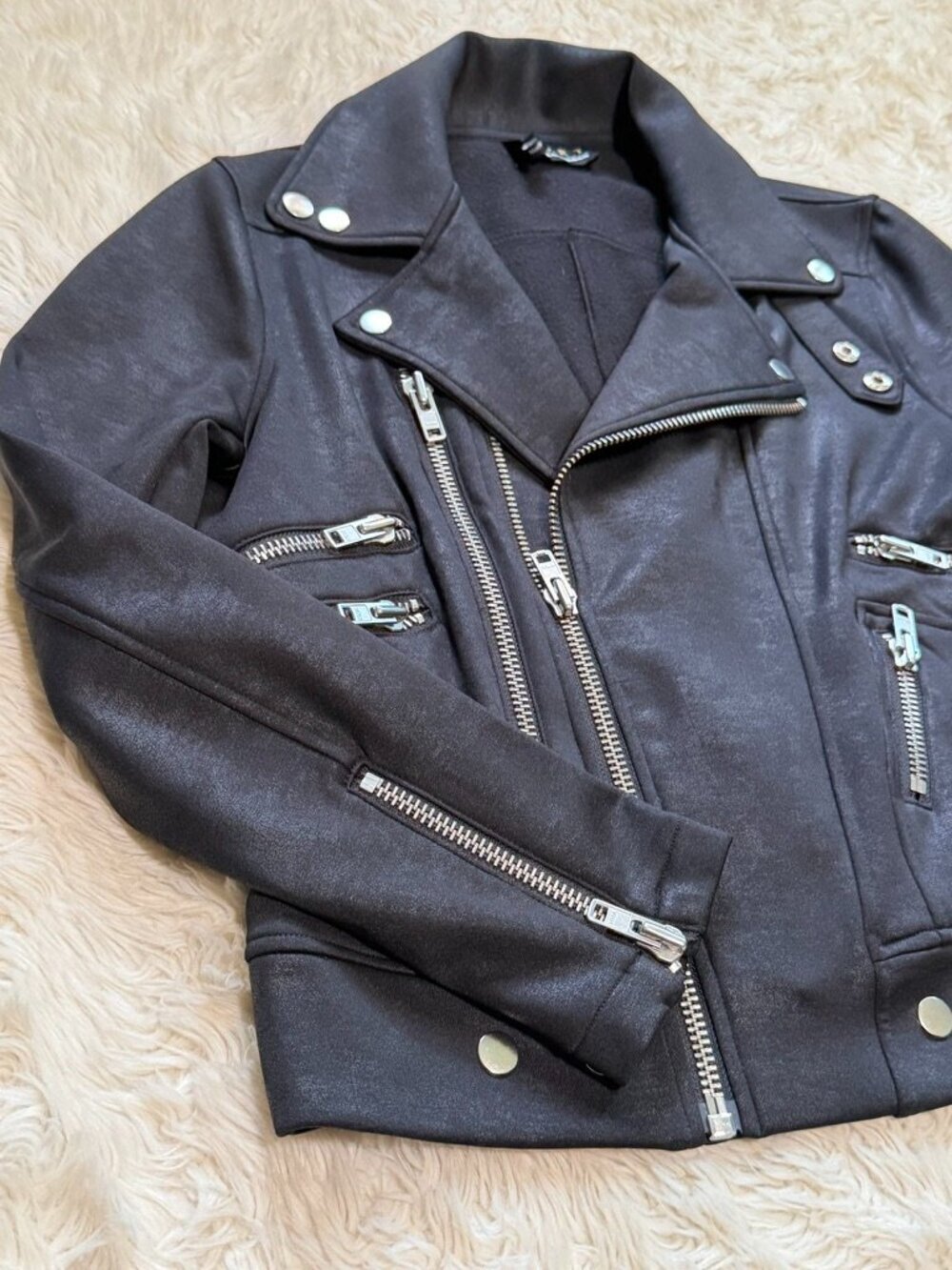The Kooples Sport Black Moto Jacket Coated Stretch Knit - Size Medium - Picture 2 of 5